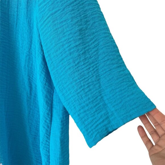 Yushi Blue Lagenlook Tunic Top V Neck 3/4 Sleeve Boho Art Gauzy Button Blouse - Picture 9 of 15